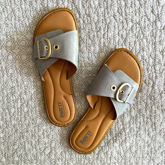 Born Shoes - Born Women’s Gray Sandal Slides with Gold Buckle Size 9